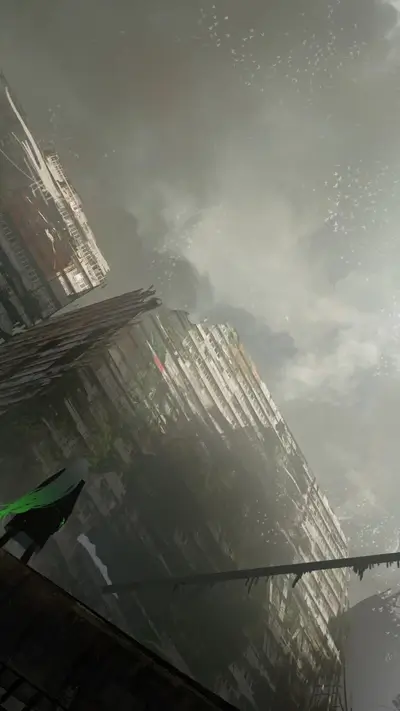 A lone figure stands on a dilapidated building, overlooking a ruined cityscape