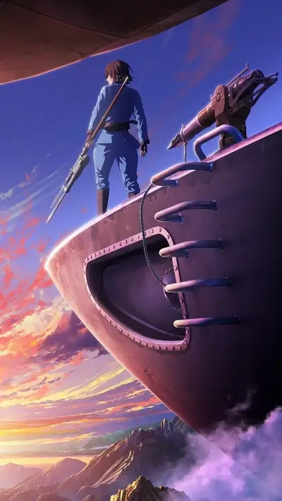A lone figure stands on a vessel overlooking a vast landscape