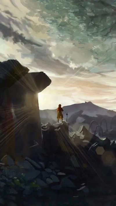 A lone figure stands on ruins, overlooking a vast landscape