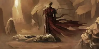 A lone figure stands over a fallen person in a desolate landscape