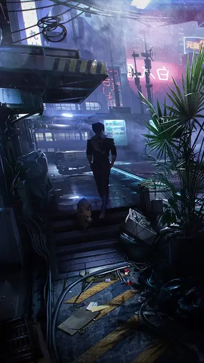 A lone figure walks a cyberpunk alleyway with a dog