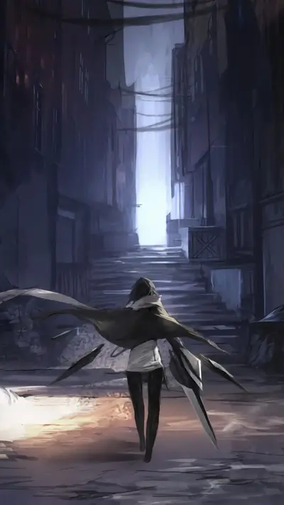 A lone figure walks down a dark alley towards a bright end