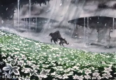 A lone figure walks through a field of flowers under dark structures