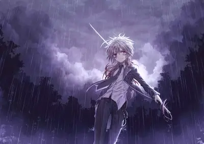 A lone figure with a sword stands in the pouring rain