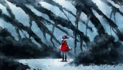 A lone girl in red stands amidst a dark, snowy forest