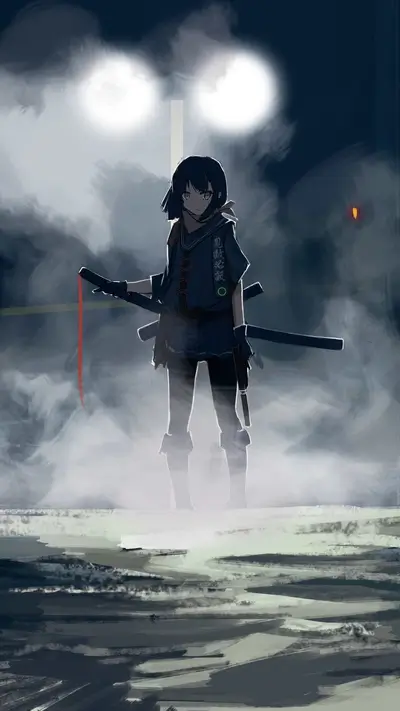 A lone girl stands in the mist, holding a katana