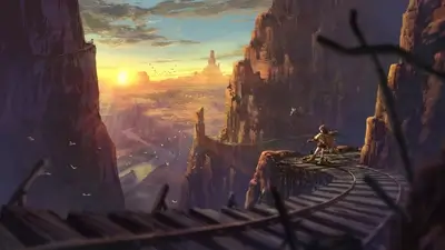 A lone traveler on a high cliff path, sunset over a vast canyon