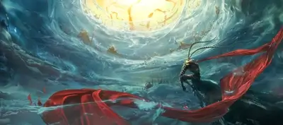 A lone warrior amidst a swirling vortex of battle