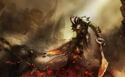 A lone warrior stands amidst fiery ruins