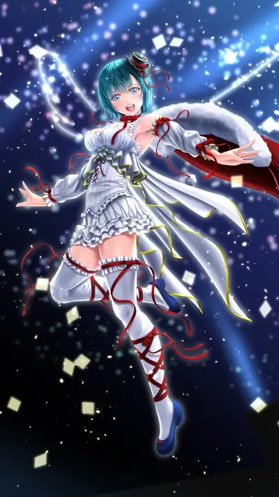A magical girl soaring, surrounded by sparkling lights