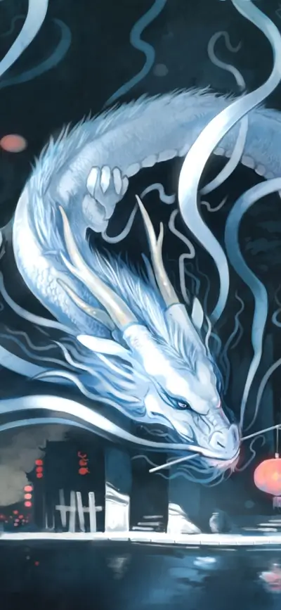 A majestic white dragon, coiled above a tranquil water scene