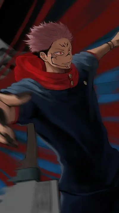 A male character with pink hair, red eyes, and a dark outfit