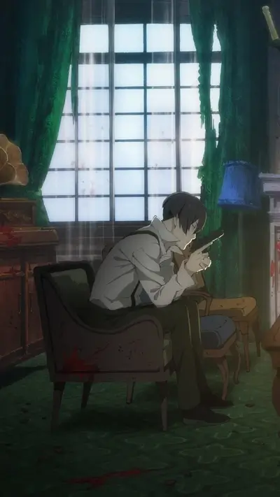 A man sits in a blood-splattered chair, holding a gun