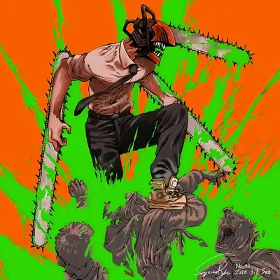 A man with a chainsaw head stomping on another person.