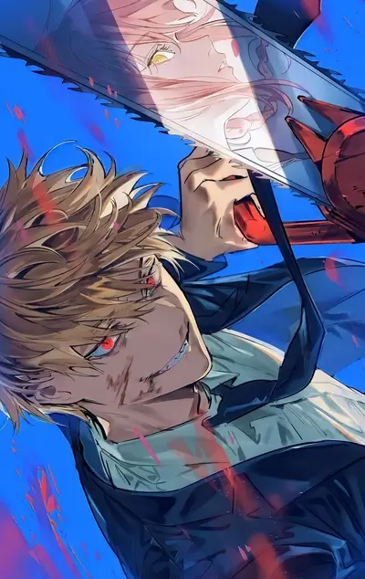 A man with bloody face holds a chainsaw, a woman's reflection visible