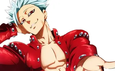 A man with light blue hair and red clothing