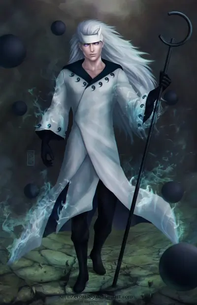 A man with long white hair and a staff, surrounded by dark spheres
