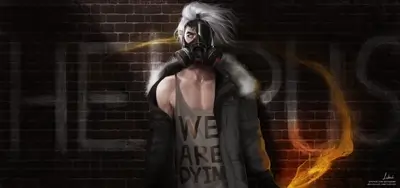A masked figure stands against a brick wall