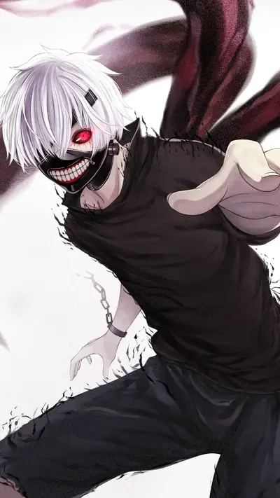 A masked figure with white hair, dark clothing, and a chain