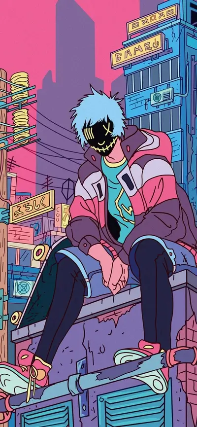 A masked skater sits on a rooftop in a vibrant city