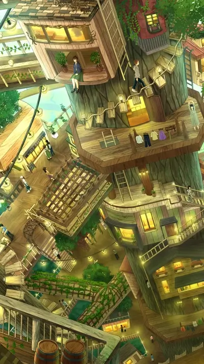A massive treehouse village with many buildings and people
