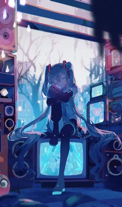 A melancholic girl sits amidst old tech