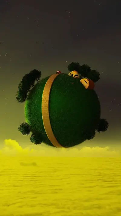 A miniature planet floats above yellow clouds
