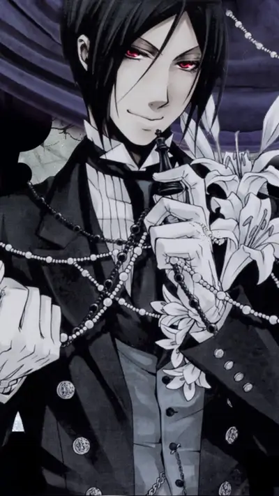 A monochrome portrait of a character with red eyes