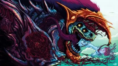 A monstrous creature with vibrant colors and intricate details