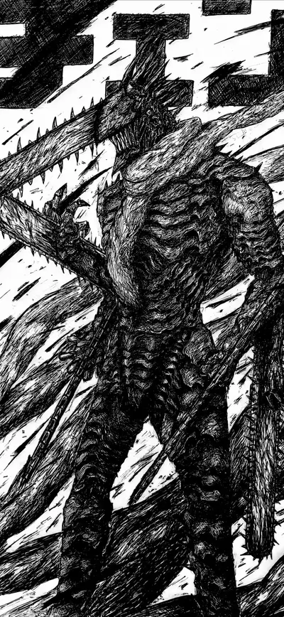 A monstrous figure wielding a large saw