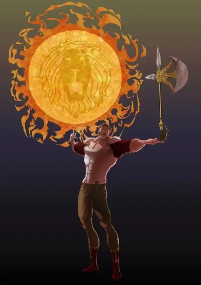 A muscular man wielding a large axe, standing before a fiery lion emblem
