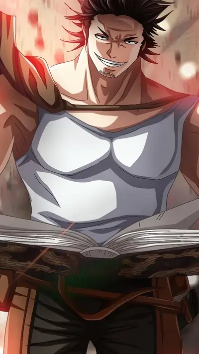 A muscular man with spiky hair smiles while holding a book