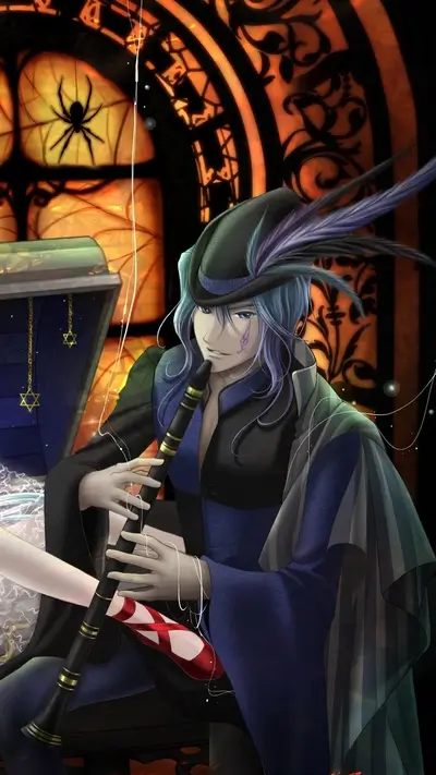 A musician plays a clarinet in a dark, gothic setting