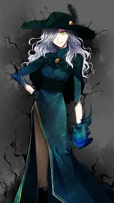 A mysterious woman in a dark green dress, holding a blue orb