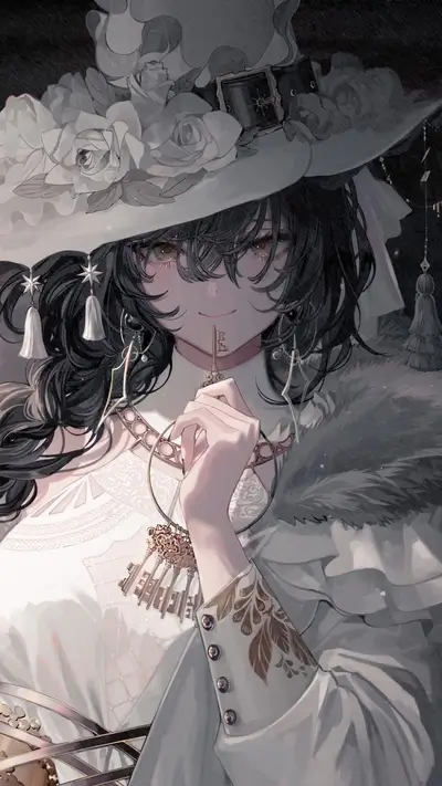 A mysterious woman in a large hat holds a key