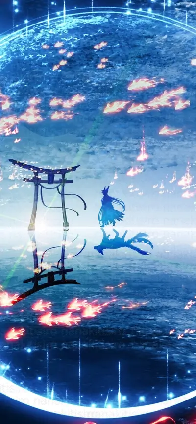A mystical scene with a girl and a fox, a torii gate reflected in water