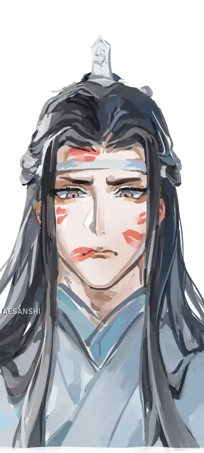 A painted portrait of a man with long dark hair