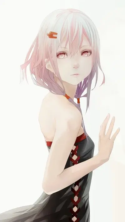 A pale girl with pink hair in a dark dress