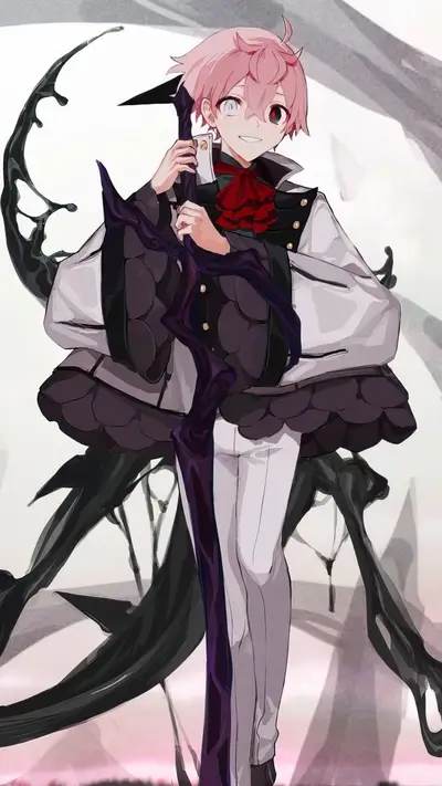A pale young man with pink hair holds a dark staff