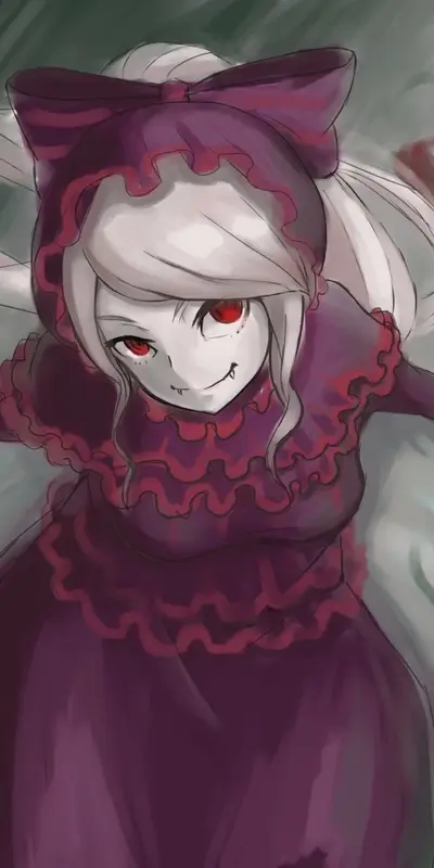 A peek upwards at a girl with red eyes