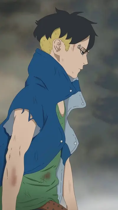 A pensive young man with blond highlights, scars, and a torn jacket