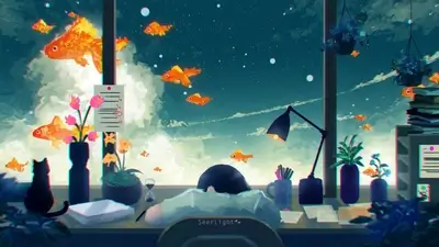 A person sits by a window, goldfish swim in the sky outside