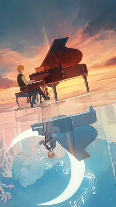 A pianist plays on a grand piano, reflected in water