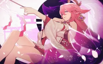 A pink-haired girl in a flowing kimono, holding a staff