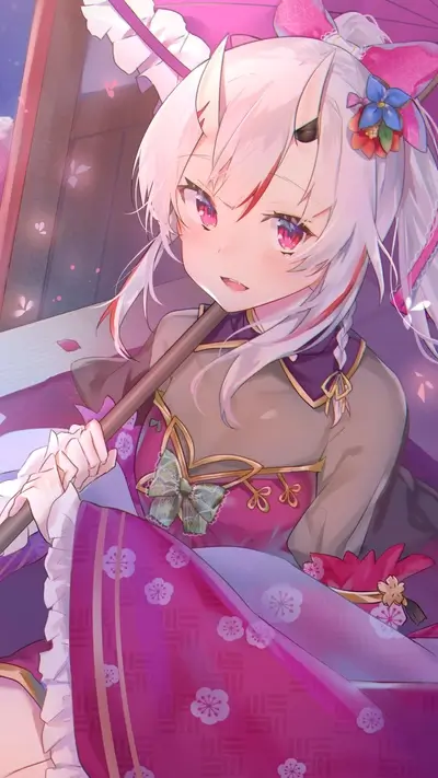 A pink-haired girl in a kimono holds an umbrella