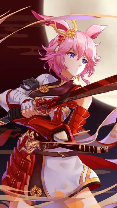 A pink-haired girl with bunny ears wielding a katana