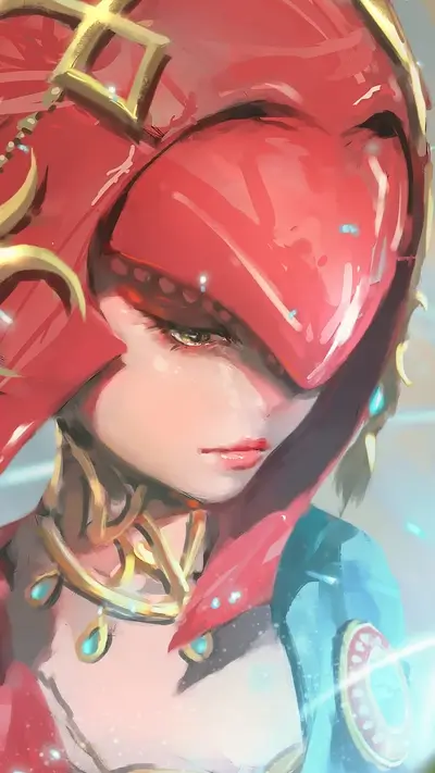 A portrait of a female character with red hood and golden jewelry