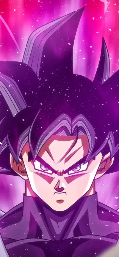 A powerful anime character with spiky purple hair, intensely focused expression