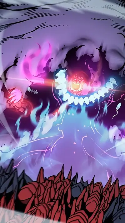 A powerful dark entity confronts a group of figures