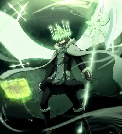 A powerful figure wielding a glowing axe, surrounded by magical energy